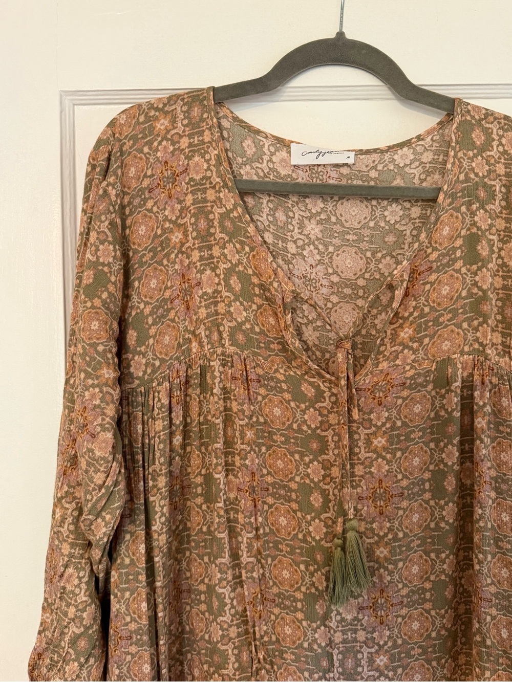 CJLA Boho Floral Tie-Front Peasant Top - Olive/Pink